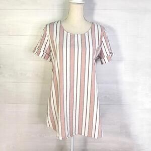 NWT Yellow Chair - Pink striped cuffed short sleeve tunic top, L